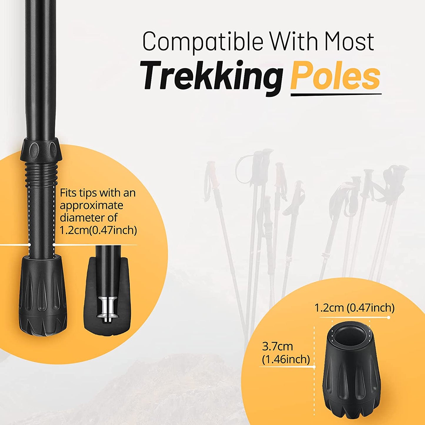Rubber Tips for Trekking Poles - Hiking Poles Accessories, Caps Ends Replacement Pole Tip Protectors Fits Most Standard Trekking Poles with 11Mm/12Mm Hole Diameter (2 Pack)