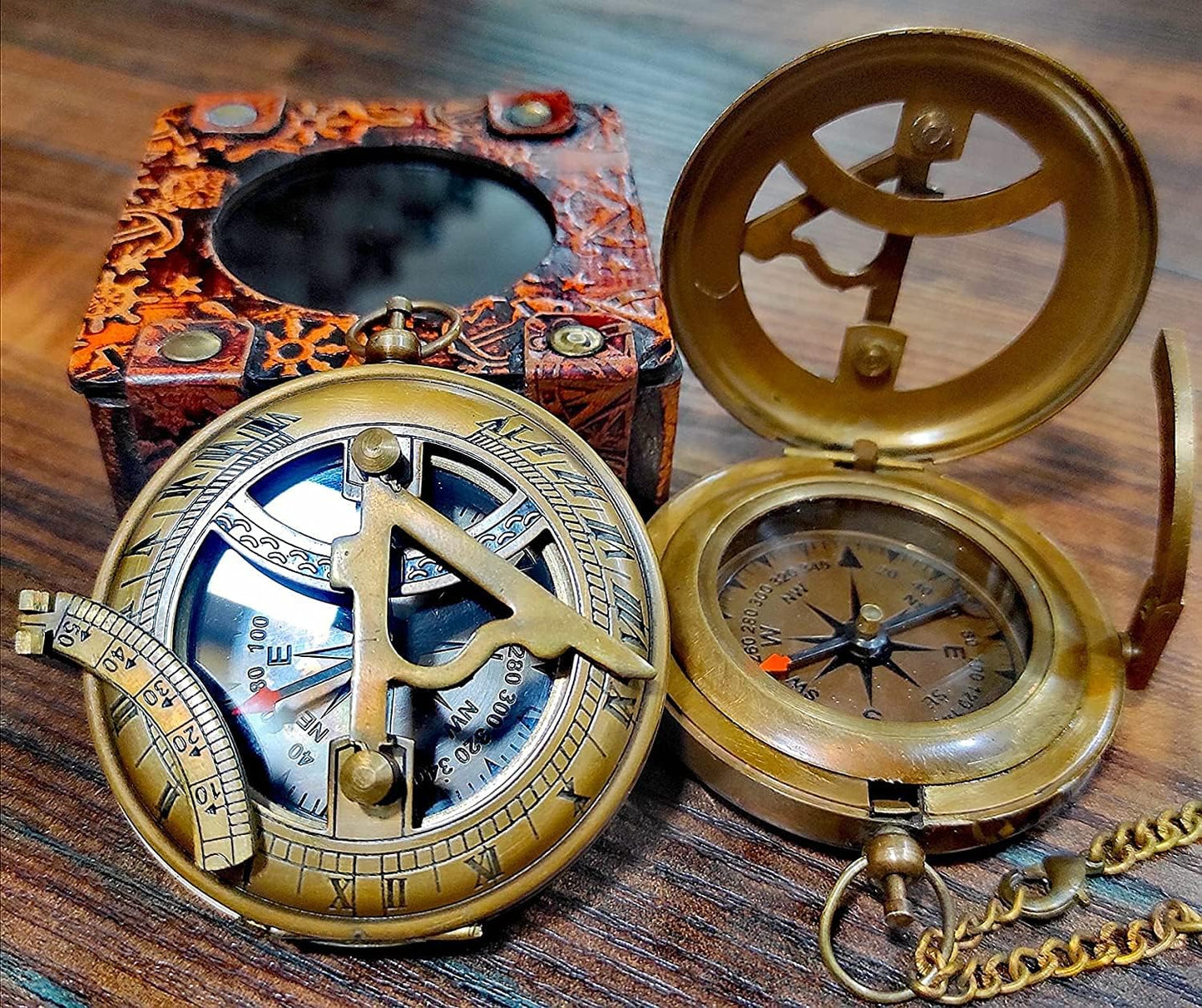 Sundial Compass 3'' with Display Stand or Leather Case-Perfect Desk Accessory & Nautical Collection Push Open Compass Antique Finish-Sundial Gifts for Birthdays,Mothers Day Etc.