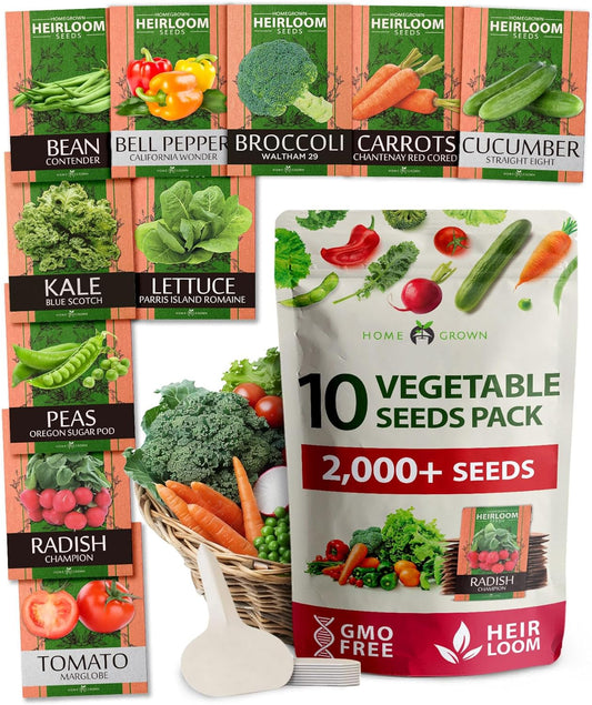 10 Variety Vegetable – 2,000+ 𝗡𝗢𝗡-𝗚𝗠𝗢 𝗨𝗦𝗔 Seeds(Kale, Lettuce, Tomato, Broccoli, Beans, Peas, Bell Peppers, Carrot, Cucumber, Radish) – Indoor & Outdoor Garden Survival Seeds