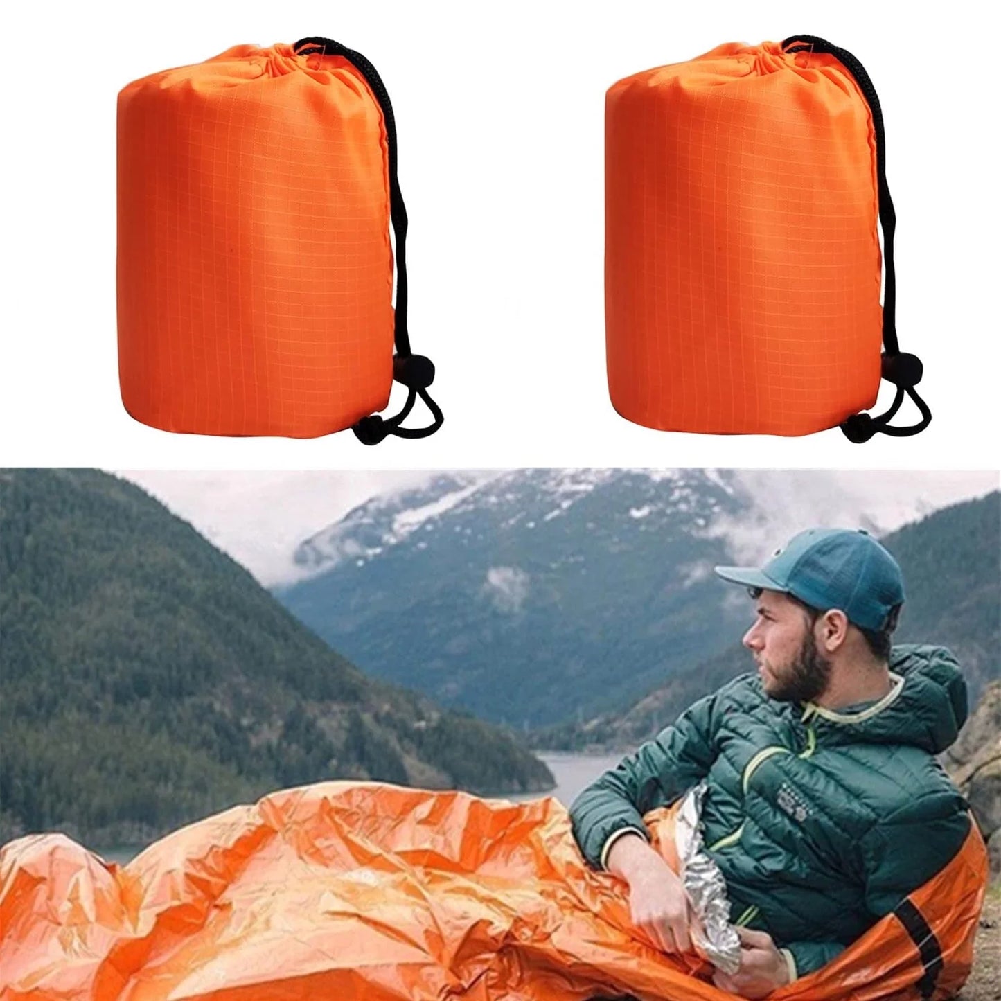2 Pack Emergency Sleeping Bag, Mylar Emergency Blanket, Waterproof Lightweight Survival Shelter Blanket, Portable Survival Thermal Bivy Sack for Outdoor Camping Hiking Adventure