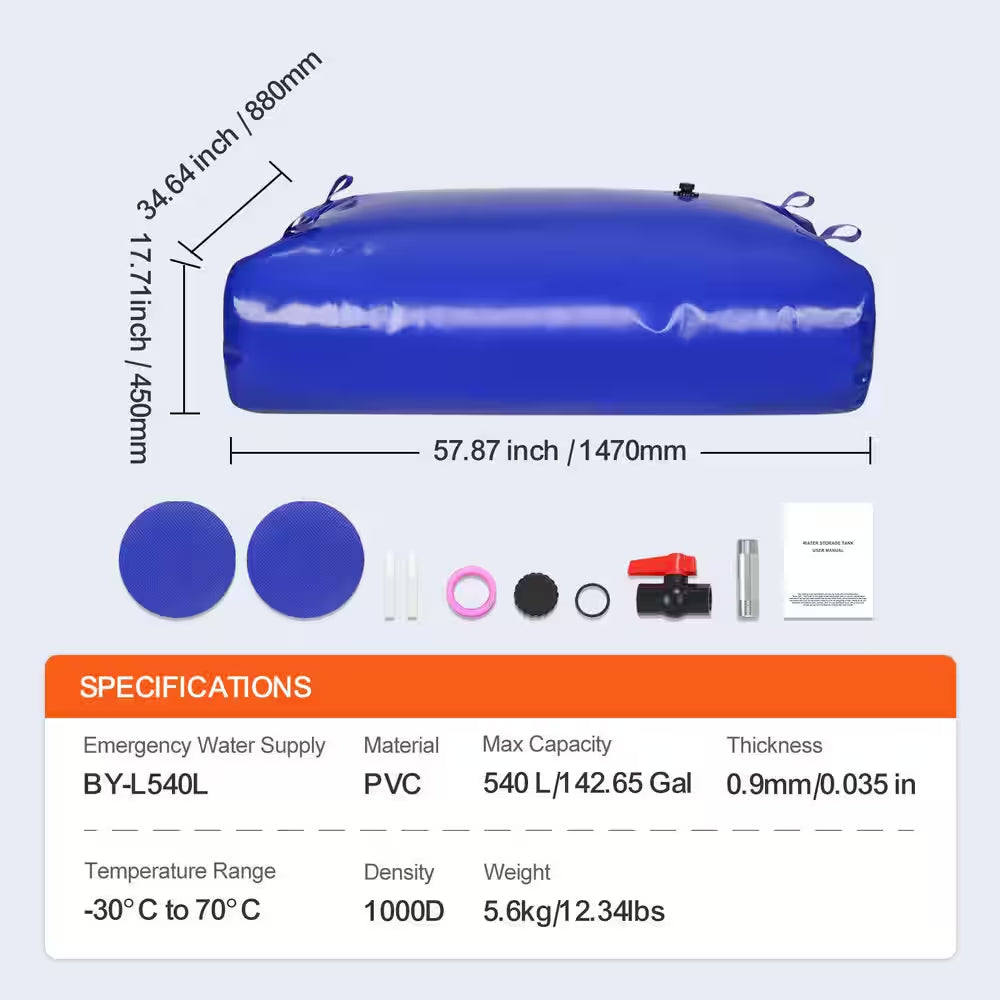 540 L/142.7Gal. Water Storage Bladder RV Water Tank, 1000D Blue PVC Collapsible Water Storage Containers, Large Capacity