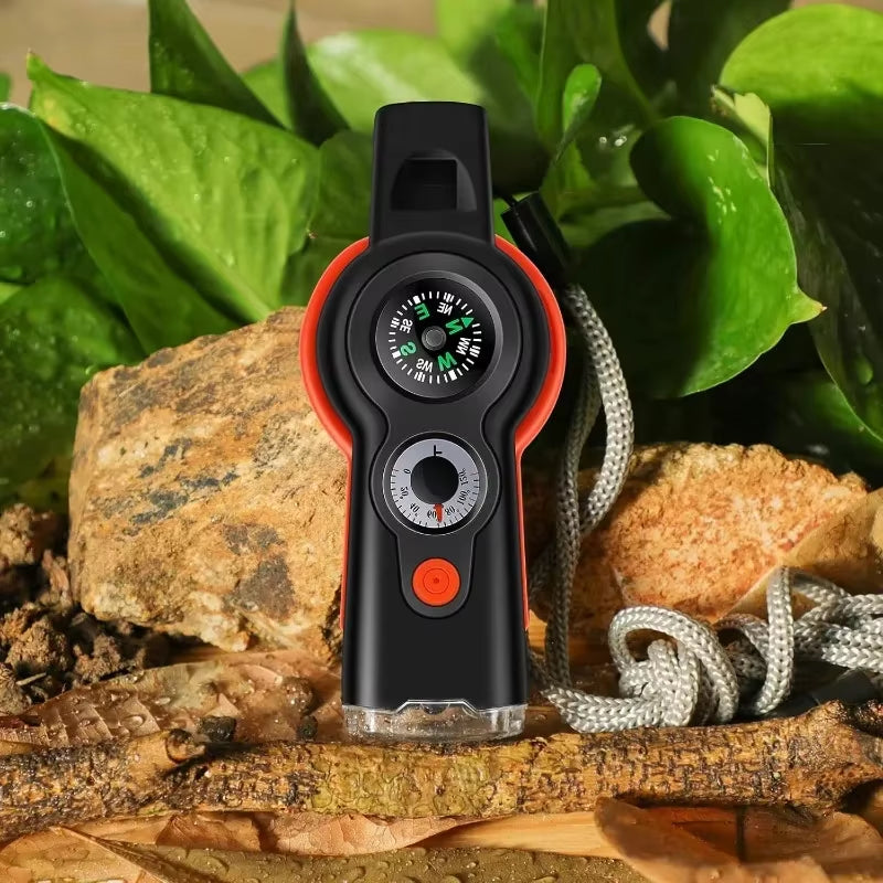 7In1 Emergency Survival Function Whistle Outdoor Multifunctional Survival Whistle with Lanyard Compass Flashlight Camping Hike