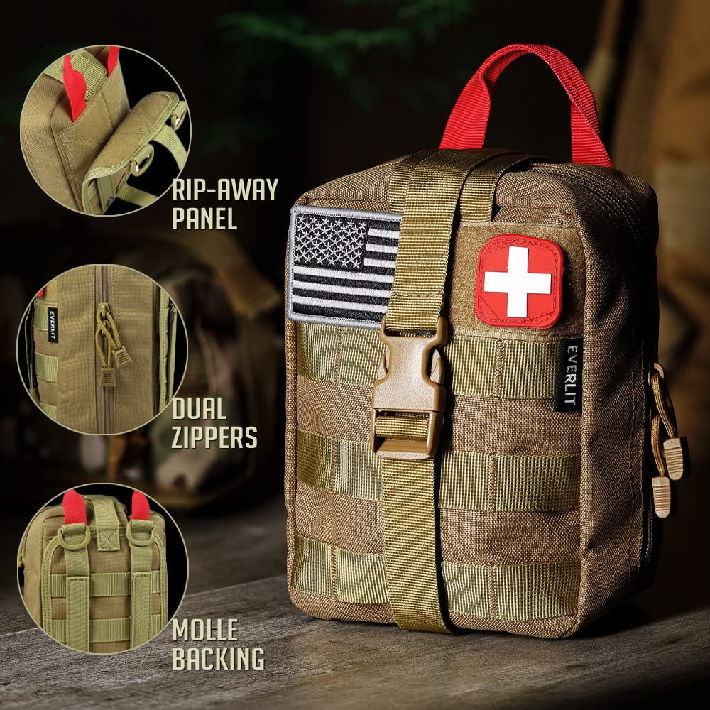 Survival First Aid Kit 250 Pieces Molle Pouch Survival Kit Outdoor Gear Emergency Kits (TAN)