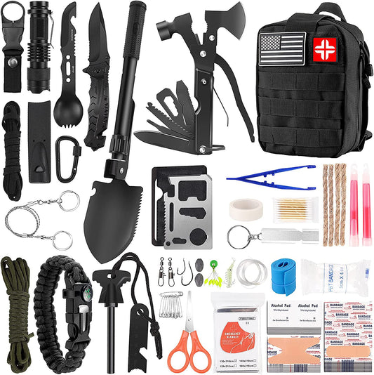 Emergency Survival Kit and First Aid Kit, 142Pcs Professional Survival Gear and Supplies Equipment with Molle Pouch, Gift for Christmas Men Dad Husband Camping Hiking Hunting Outdoor Adventure