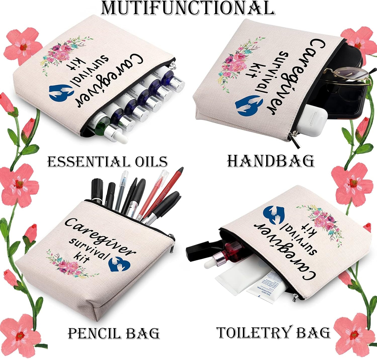 Caregiver Survival Kit Zipper Pouch Makeup Bag Gift for Babysitter Nanny Daycare Nurse Caretakers (Caregiver Survival)