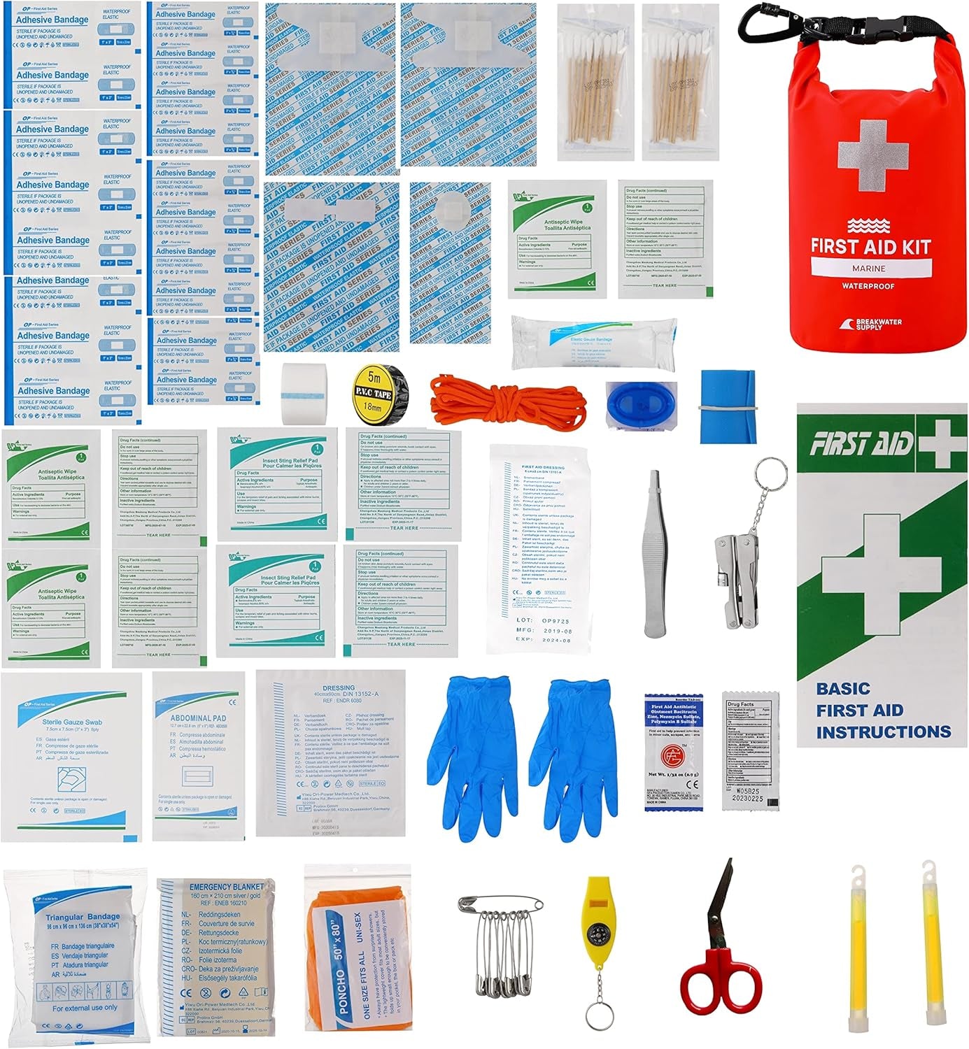 ™ Waterproof First Aid Kit Dry Bag Bug Out Bag Preloaded with Emergency Survival Prepper Supplies for Boating, Camping, Fishing + Carabiner, Floating, Reflective, AFAK/IFAK Trauma Kit