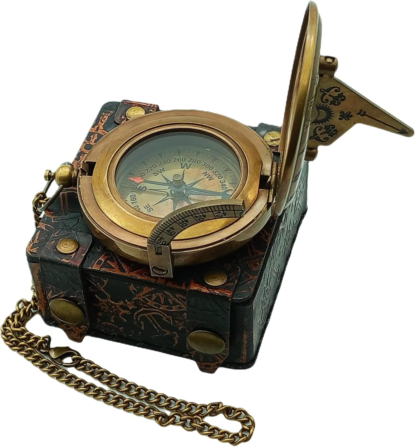 Sundial Compass 3'' with Display Stand or Leather Case-Perfect Desk Accessory & Nautical Collection Push Open Compass Antique Finish-Sundial Gifts for Birthdays,Mothers Day Etc.