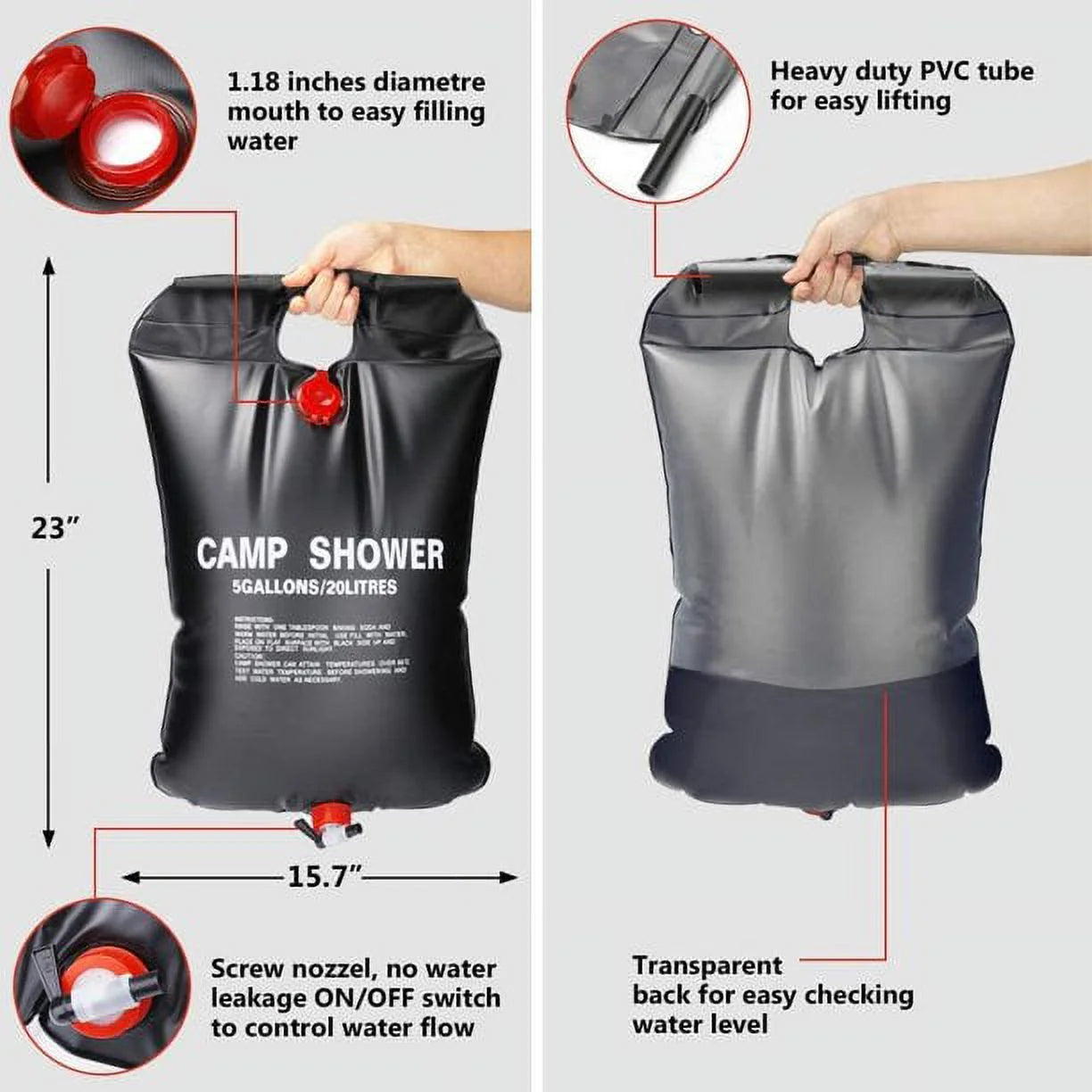 Portable Solar Shower Bag 5.3 Gallons/20L Solar Heating Camping Shower Bag 45 Hot Water, Detachable Hose On/Off Switchable Shower Head, Outdoor Hiking and Mountaineering