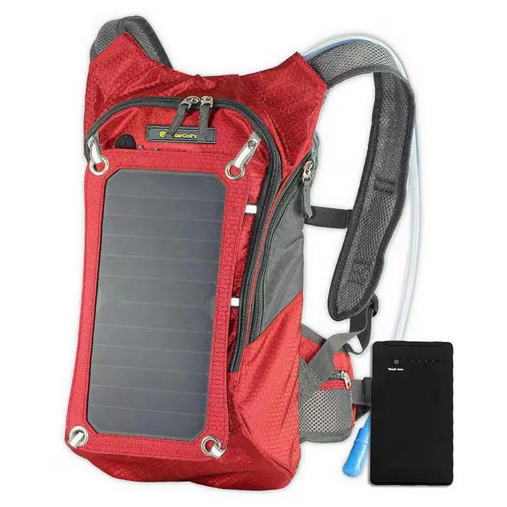Solar Hydration Backpack, 10K Mah Battery, 7-Watt Solar Panel in Red