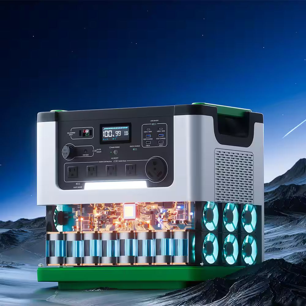 Two Lithium Push Button Start 3600-Watt Solar Generators with 240-Volt Combiner Box