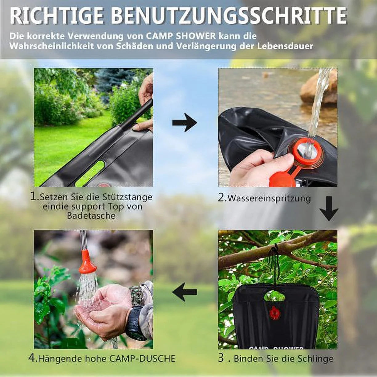 Portable Solar Shower Bag 5.3 Gallons/20L Solar Heating Camping Shower Bag 45 Hot Water, Detachable Hose On/Off Switchable Shower Head, Outdoor Hiking and Mountaineering