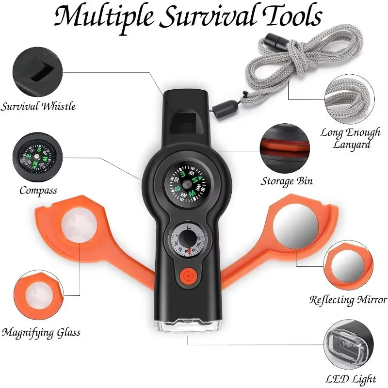 7In1 Emergency Survival Function Whistle Outdoor Multifunctional Survival Whistle with Lanyard Compass Flashlight Camping Hike