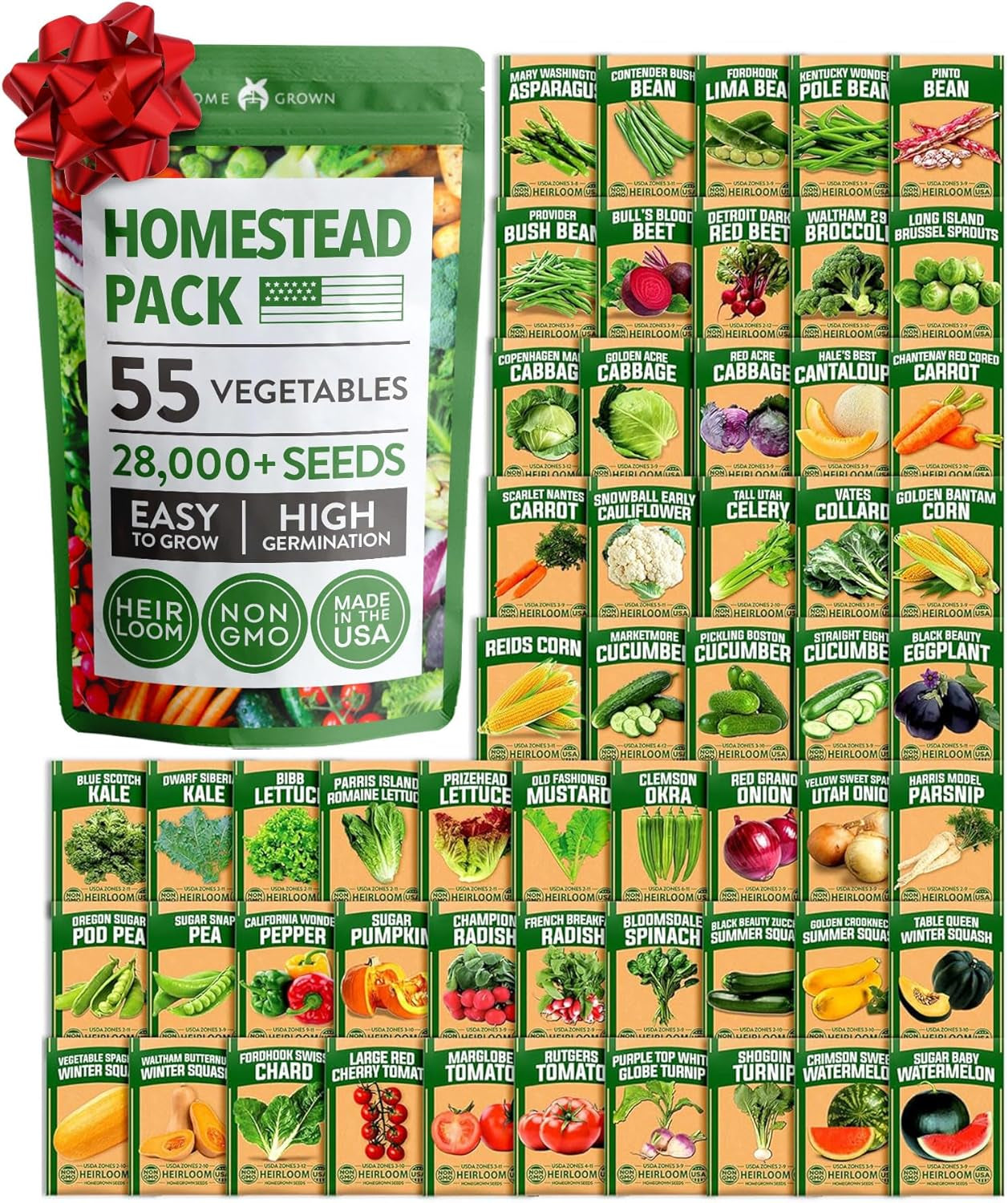 𝗨𝗦𝗔 𝗣𝗥𝗘𝗠𝗜𝗨𝗠 55 Vegetable Seeds Pack 28,000+ Non-Gmo Heirloom Seeds for Planting Vegetables, Survival Seed Vault, Garden Kit for Spring Fall Winter, Gift for Gardeners