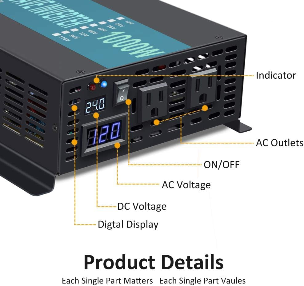 1000W Pure Sine Wave Solar Power Inverter 24V 120V 60Hz Power Converter LED Display DC to AC Power Generator with Wireless 100Ft Remote Controller