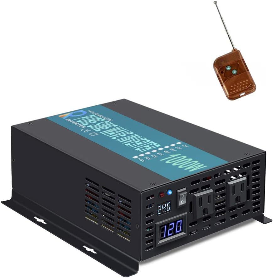 1000W Pure Sine Wave Solar Power Inverter 24V 120V 60Hz Power Converter LED Display DC to AC Power Generator with Wireless 100Ft Remote Controller