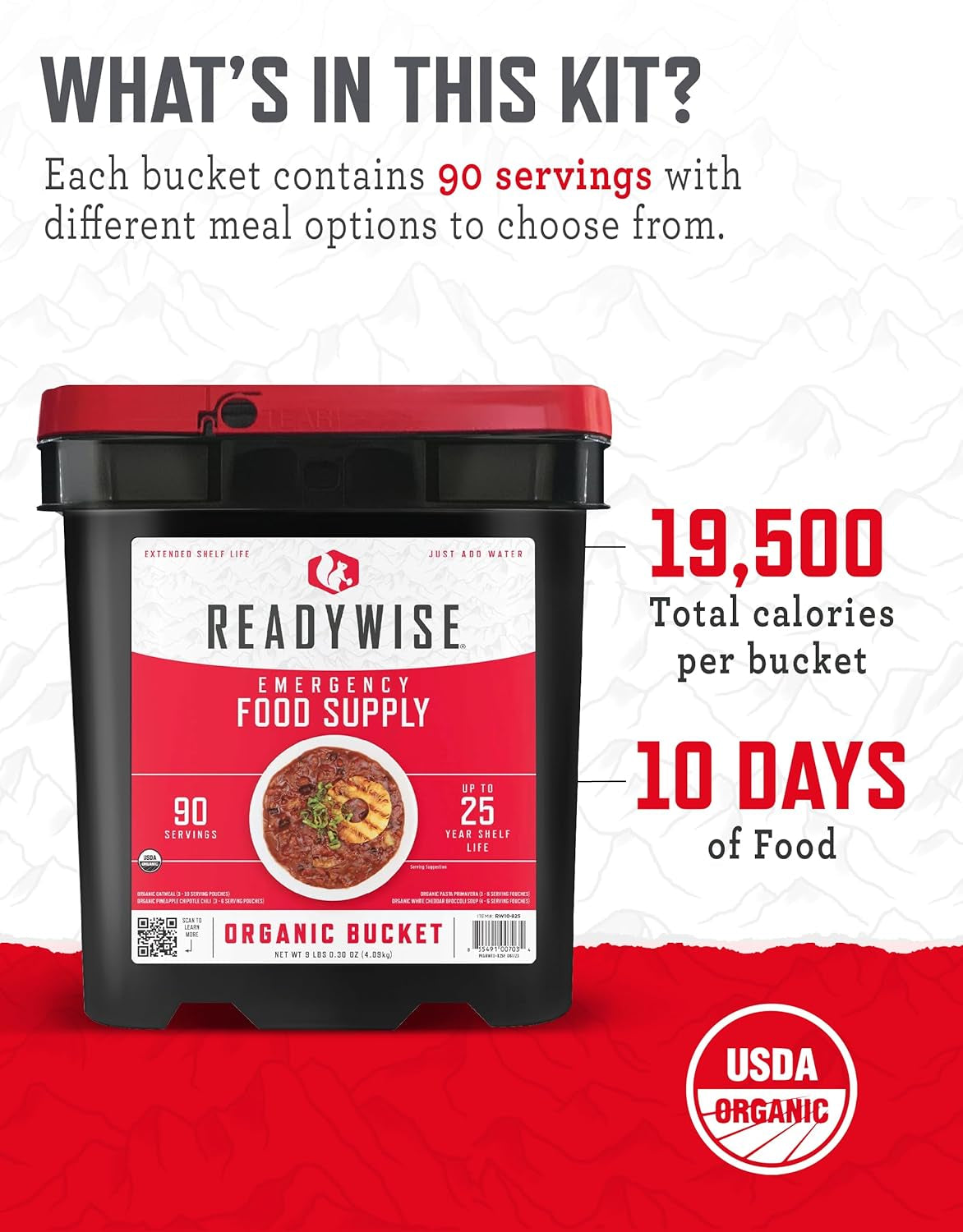 Emergency Food Supply - 90 Servings Organic Bucket, Protein Meals, Dehydrated & Freeze Dried Survival Food for Backpacking, Camping Essentials & Prepping Supplies, up to 25 Year Shelf Life