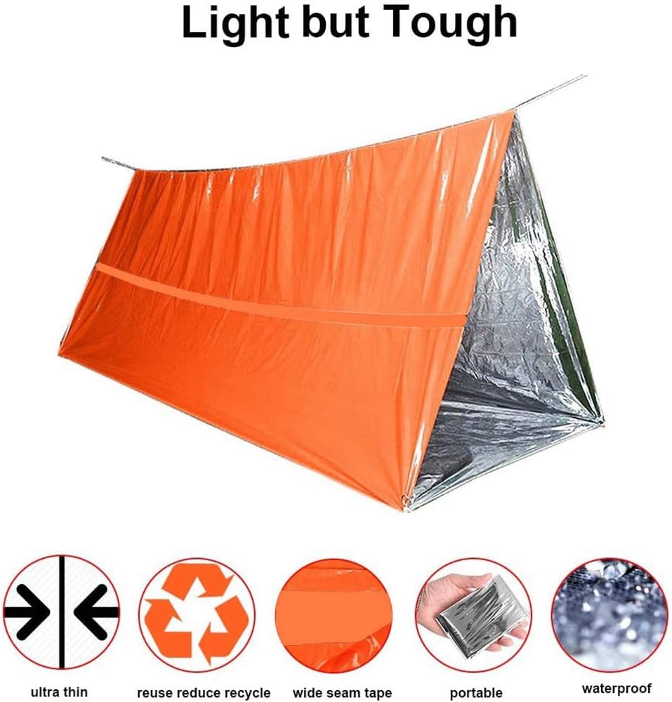 Waterproof Emergency Tent 2 Person Tent Survival Shelter Ultralight Survival Emergency Insulated Blanket for Camping Hiking, Orange
