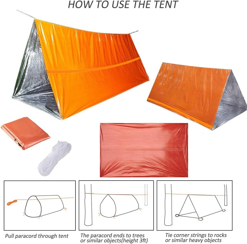 Waterproof Emergency Tent 2 Person Tent Survival Shelter Ultralight Survival Emergency Insulated Blanket for Camping Hiking, Orange