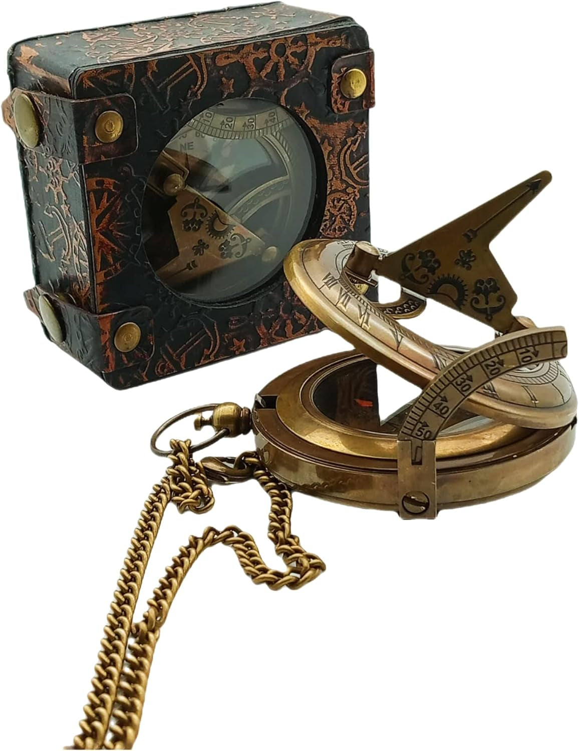 Sundial Compass 3'' with Display Stand or Leather Case-Perfect Desk Accessory & Nautical Collection Push Open Compass Antique Finish-Sundial Gifts for Birthdays,Mothers Day Etc.