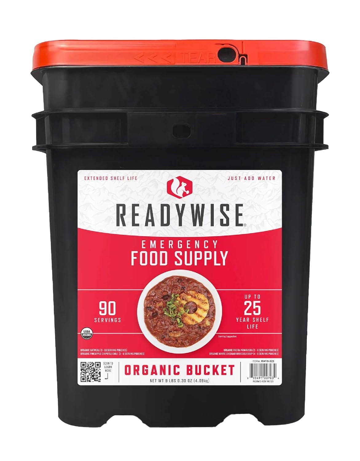 Emergency Food Supply - 90 Servings Organic Bucket, Protein Meals, Dehydrated & Freeze Dried Survival Food for Backpacking, Camping Essentials & Prepping Supplies, up to 25 Year Shelf Life