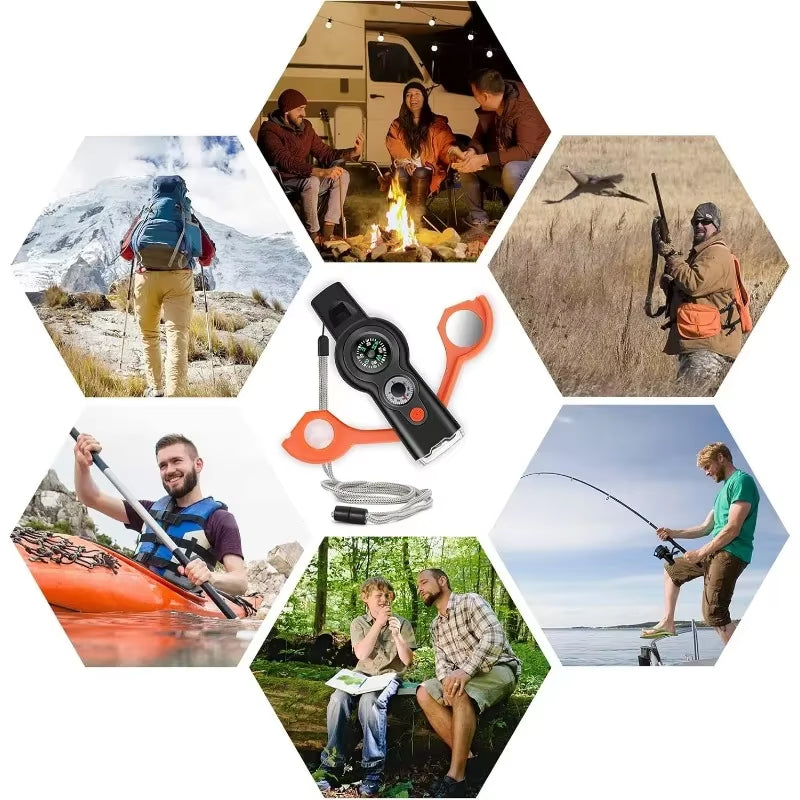 7In1 Emergency Survival Function Whistle Outdoor Multifunctional Survival Whistle with Lanyard Compass Flashlight Camping Hike
