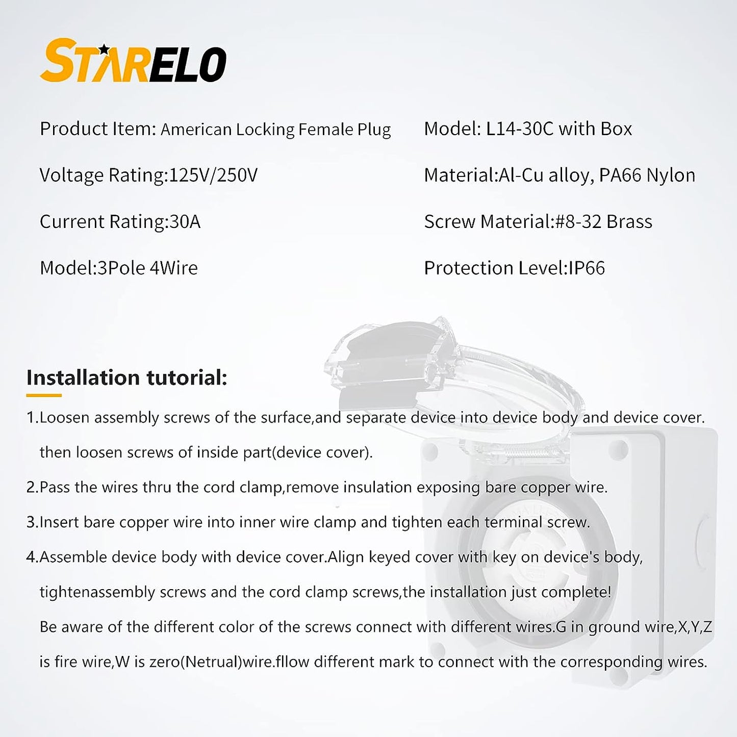 30 Amp NEMA L14-30C Outdoor Locking Female Plug for Generators & Welding Machine