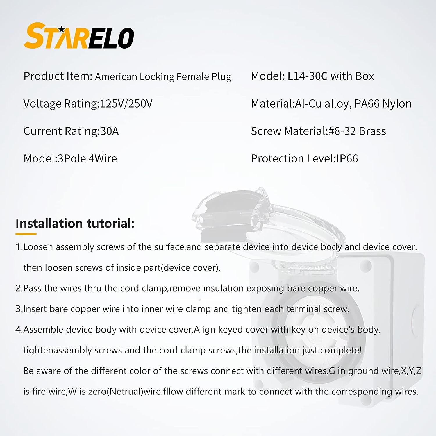 30 Amp NEMA L14-30C Outdoor Locking Female Plug for Generators & Welding Machine