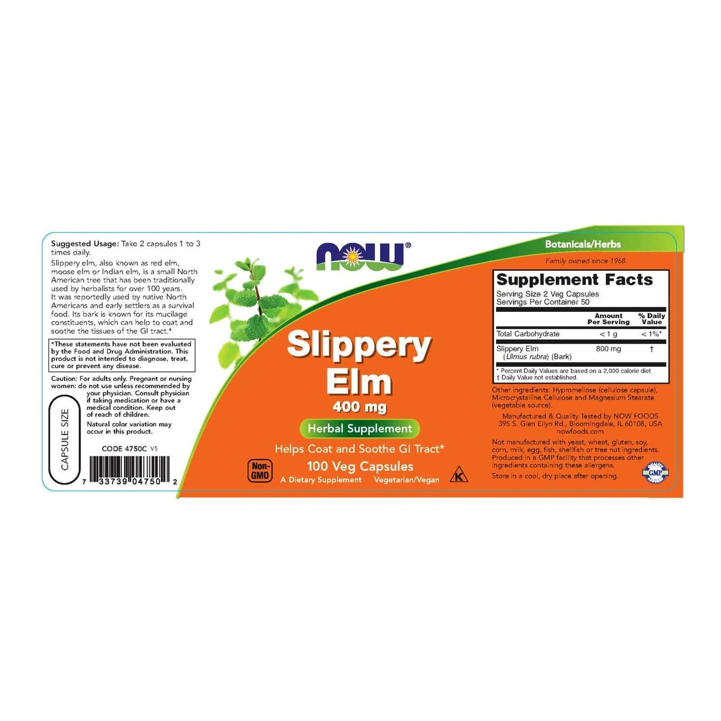 NOW FOODS Slippery Elm 400 Mg 100 Veg Capsules