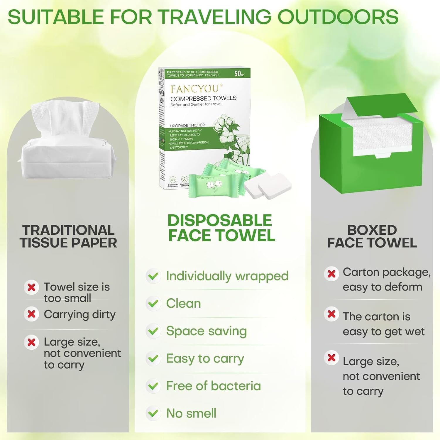 Disposable Face Towel Thicken 50 Pack Compressed Towel Tablets Reusable, Mini Disposable Facial Washcloths Compact Individually Wrapped Clean Towels for Travel Camping Beauty Home Gym (Green)