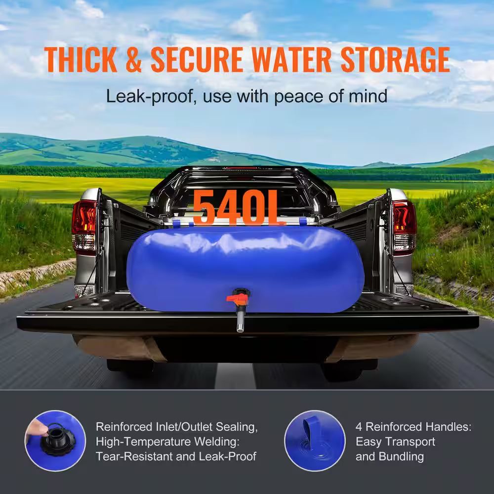540 L/142.7Gal. Water Storage Bladder RV Water Tank, 1000D Blue PVC Collapsible Water Storage Containers, Large Capacity