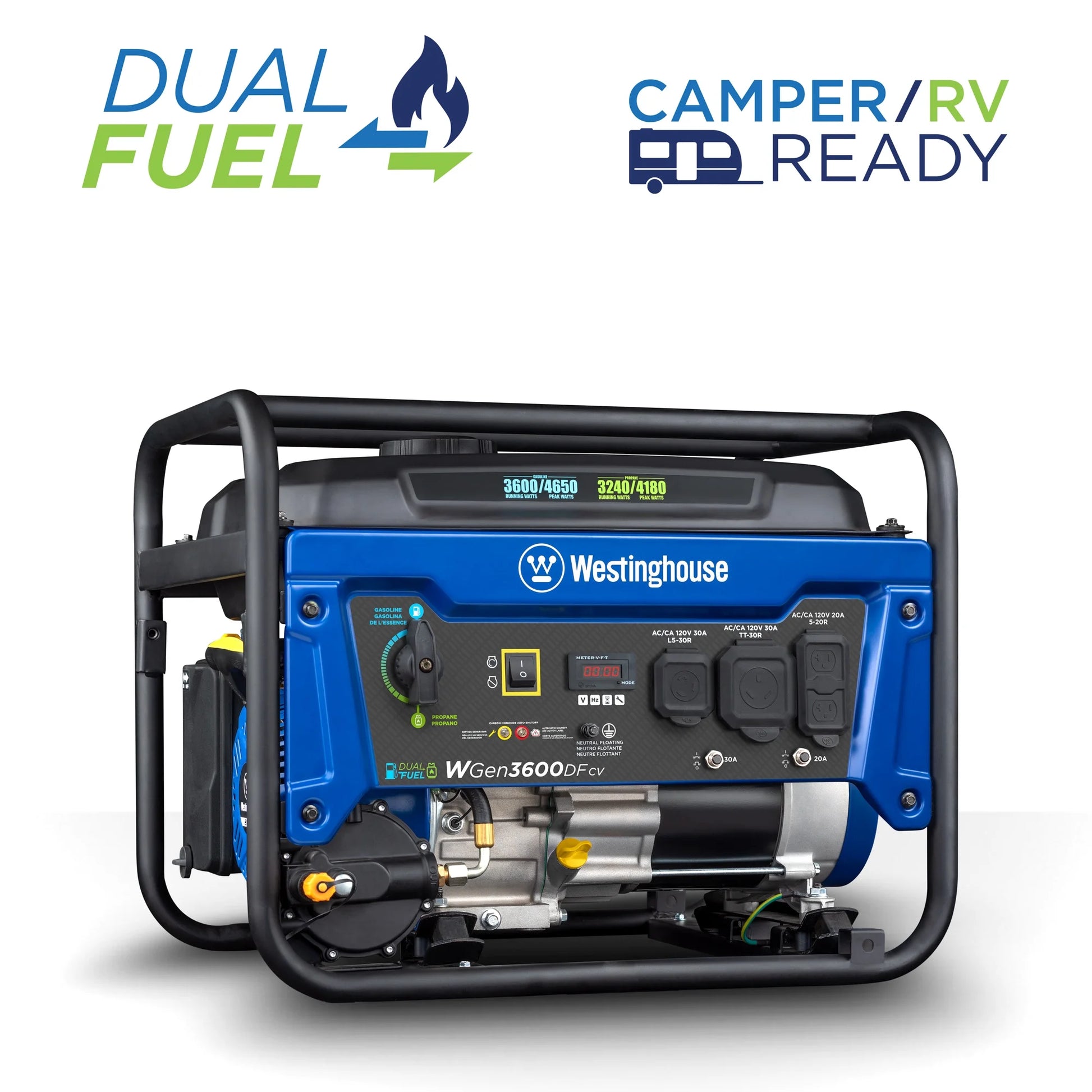 4650 Peak Watt Dual Fuel Portable Generator with RV Outlet and CO Sensor