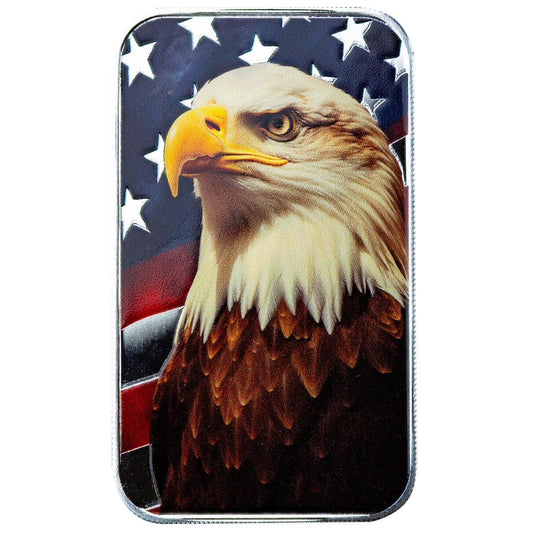 1 Oz Silver Americana Patriotic Bald Eagle Color Silver Bar .999 Fine Silver