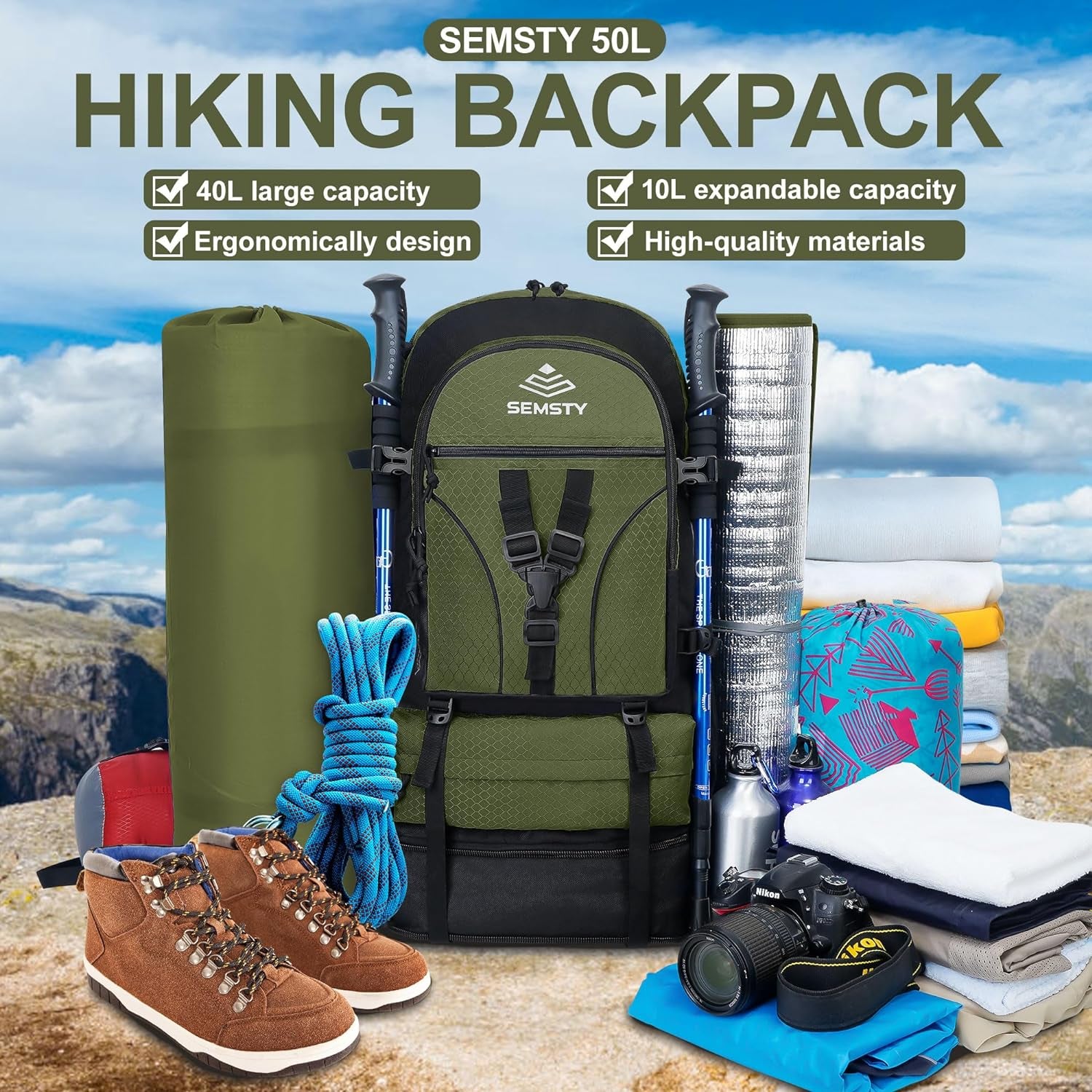 40L/50L Expandable Hiking Backpack for Men and Women, Travel Camping Backpack Flight Approved