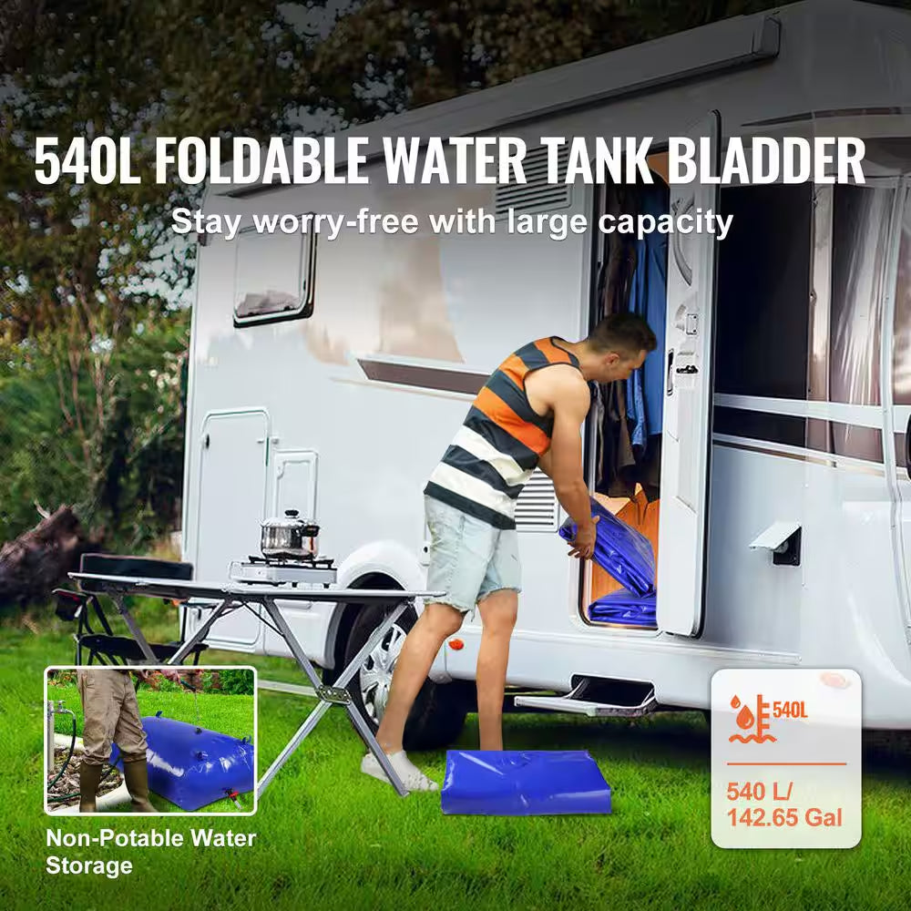 540 L/142.7Gal. Water Storage Bladder RV Water Tank, 1000D Blue PVC Collapsible Water Storage Containers, Large Capacity