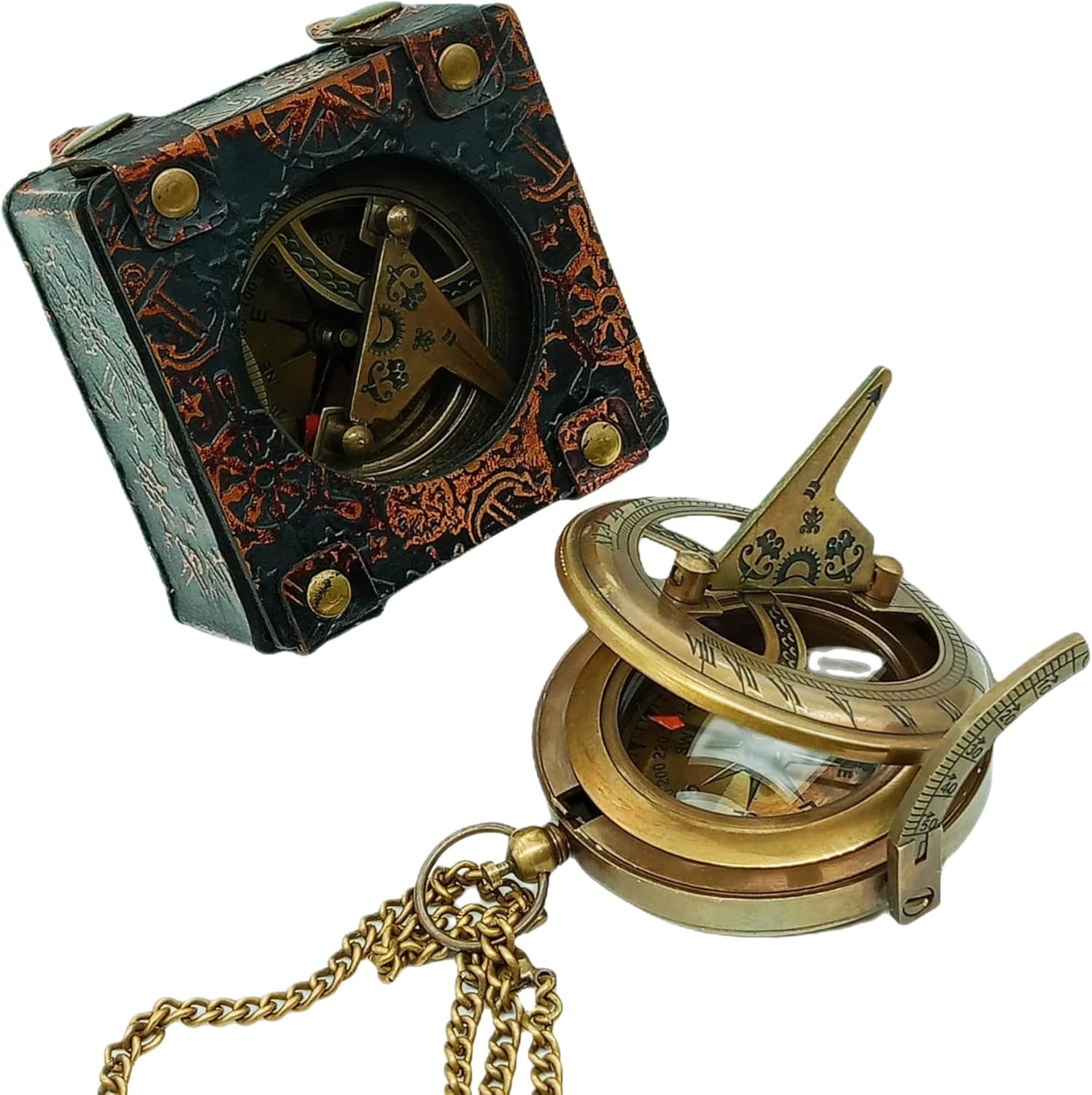 Sundial Compass 3'' with Display Stand or Leather Case-Perfect Desk Accessory & Nautical Collection Push Open Compass Antique Finish-Sundial Gifts for Birthdays,Mothers Day Etc.