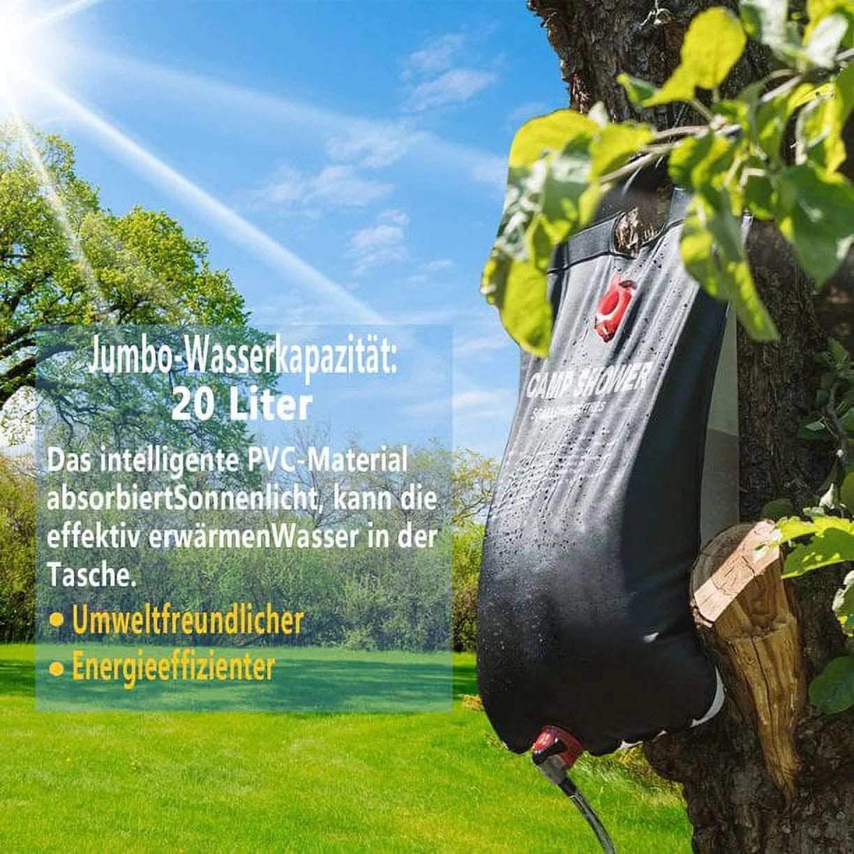 Portable Solar Shower Bag 5.3 Gallons/20L Solar Heating Camping Shower Bag 45 Hot Water, Detachable Hose On/Off Switchable Shower Head, Outdoor Hiking and Mountaineering