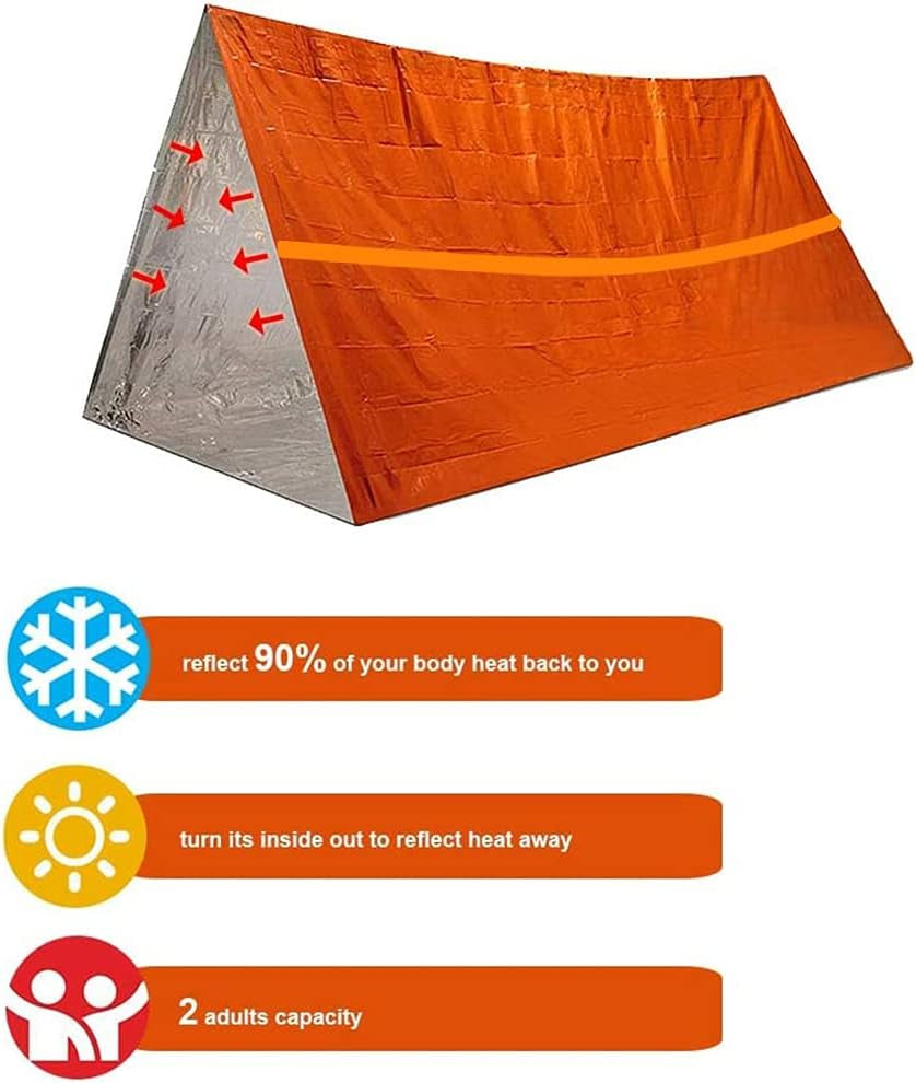 Waterproof Emergency Tent 2 Person Tent Survival Shelter Ultralight Survival Emergency Insulated Blanket for Camping Hiking, Orange