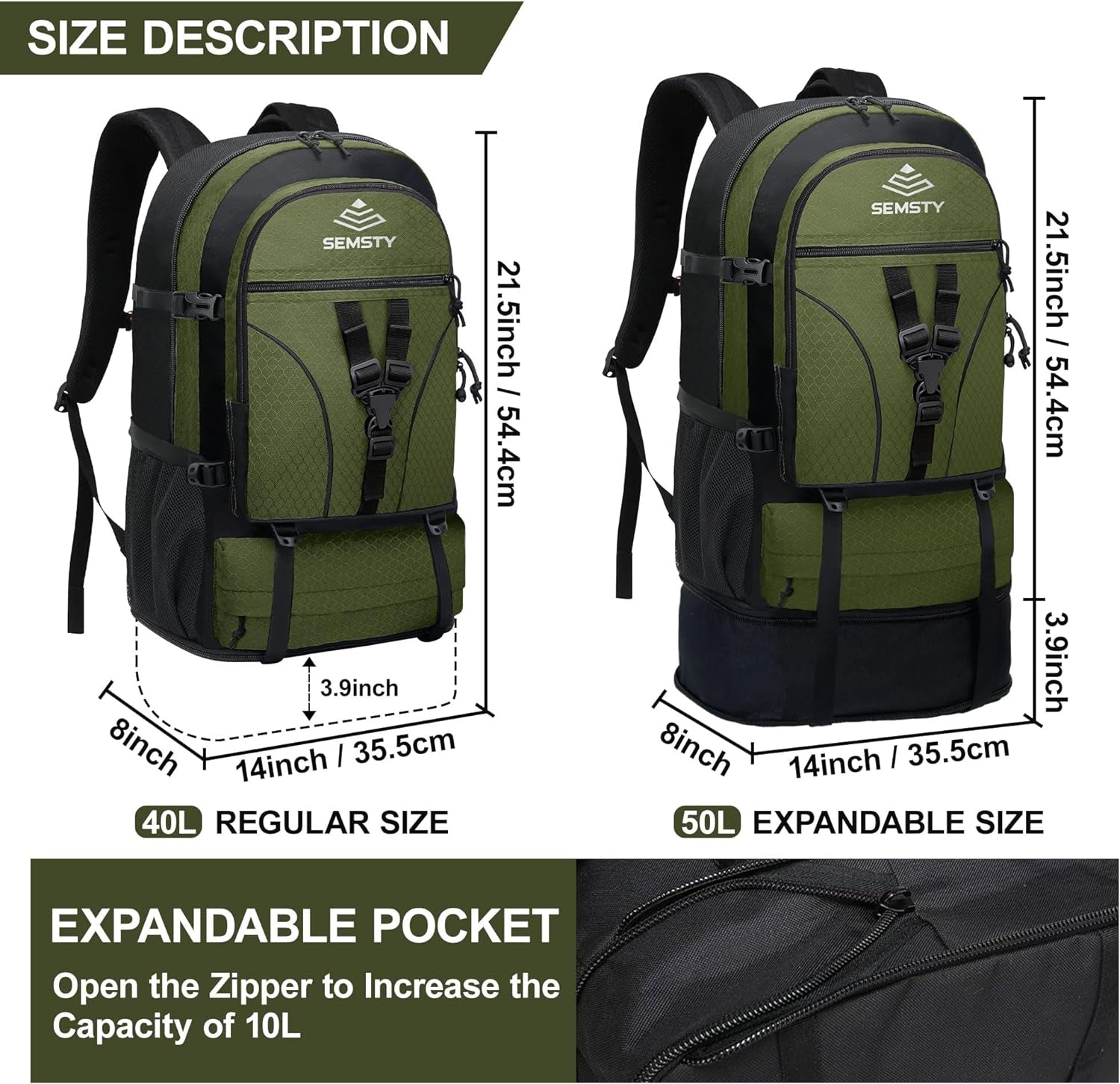 40L/50L Expandable Hiking Backpack for Men and Women, Travel Camping Backpack Flight Approved