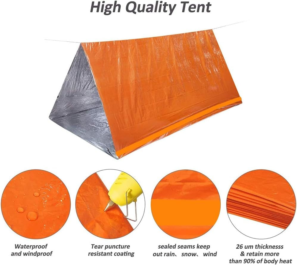 Waterproof Emergency Tent 2 Person Tent Survival Shelter Ultralight Survival Emergency Insulated Blanket for Camping Hiking, Orange